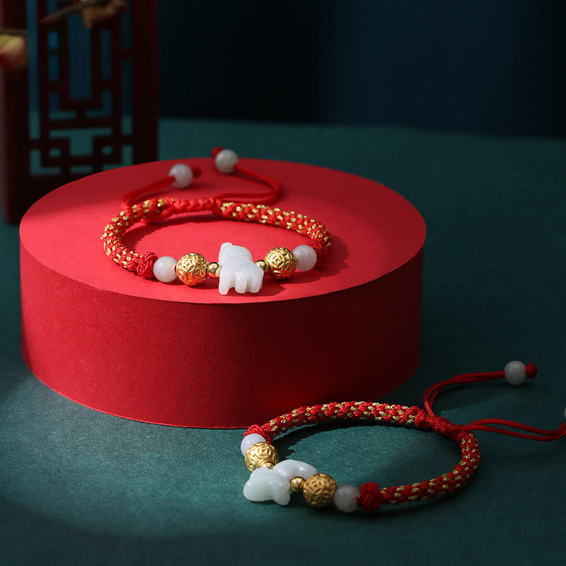 Buddha Stones Chinese Zodiac Jade Silver Beads Year Of The Horse Red String Luck Bracelet