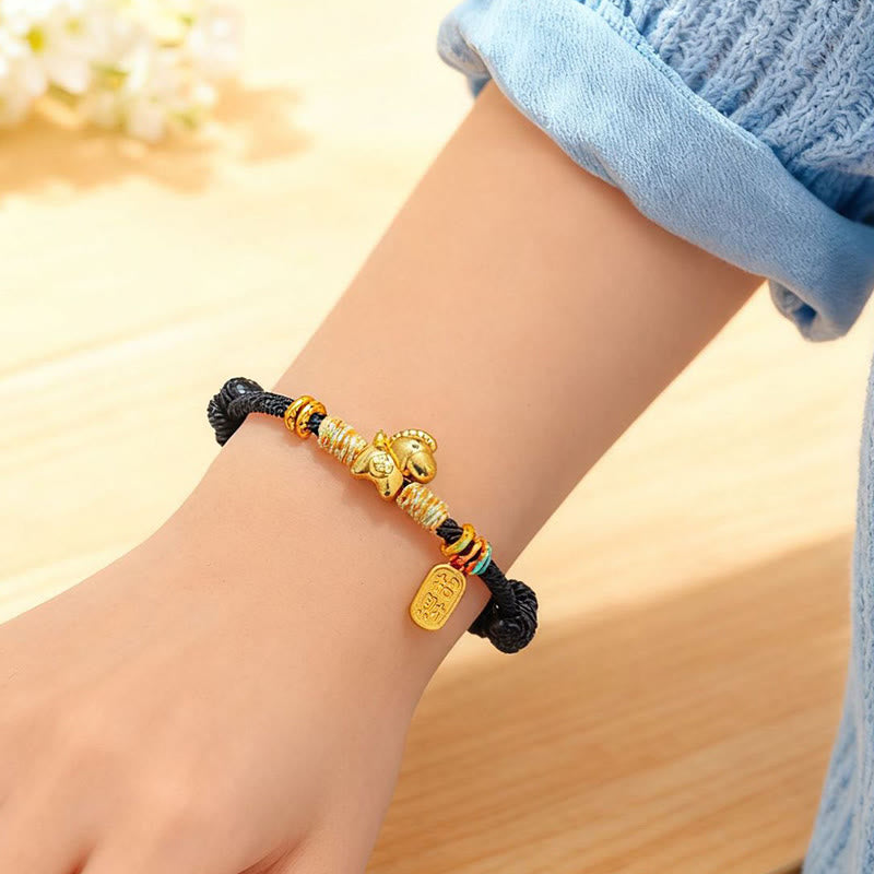 Buddha Stones Year Of The Horse Red String Black String Lucky Fortune Charm Braided Connection Bracelet