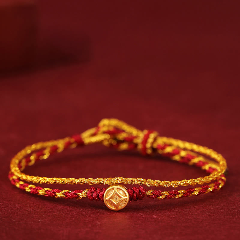 Buddha Stones 999 Gold Beads Copper Coin Double Wrap Golden Red String Connection Braided Bracelet