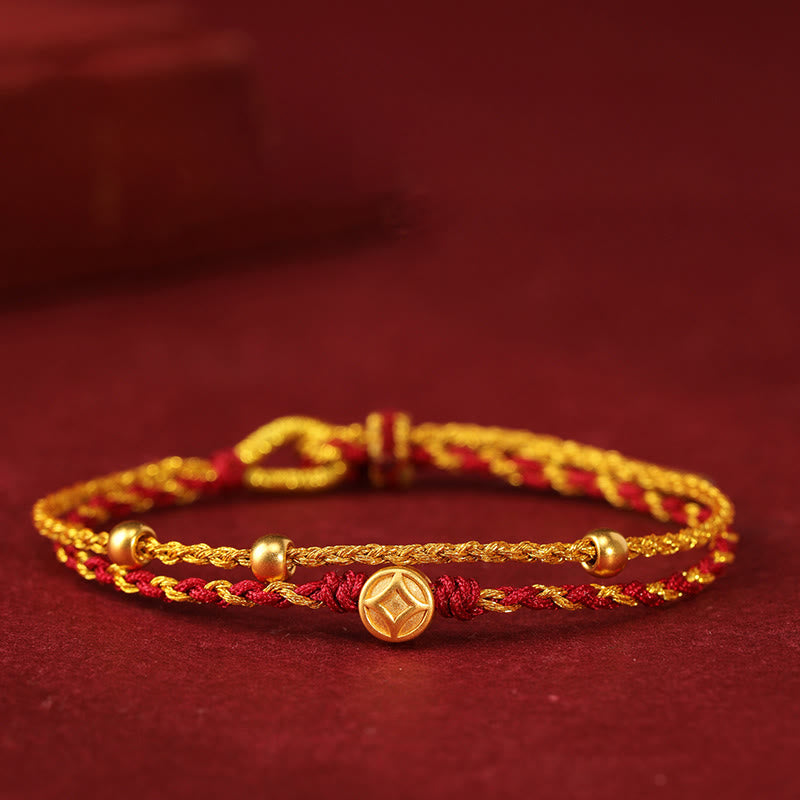 Buddha Stones 999 Gold Beads Copper Coin Double Wrap Golden Red String Connection Braided Bracelet