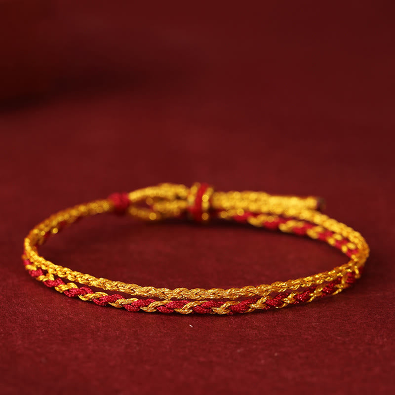 Buddha Stones 999 Gold Beads Copper Coin Double Wrap Golden Red String Connection Braided Bracelet