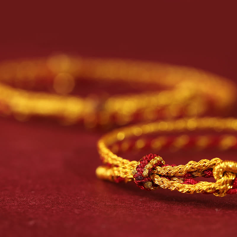Buddha Stones 999 Gold Beads Copper Coin Double Wrap Golden Red String Connection Braided Bracelet
