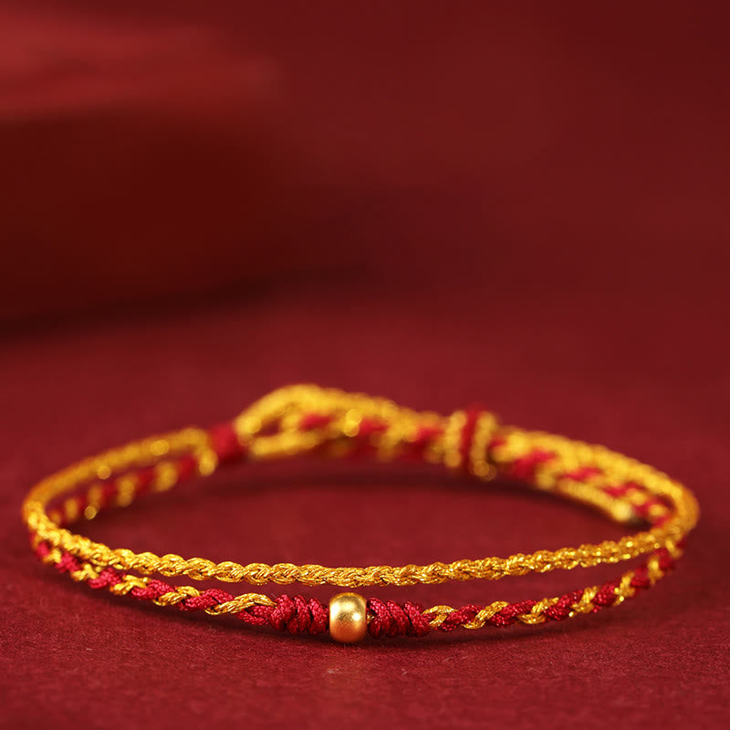 Buddha Stones 999 Gold Beads Copper Coin Double Wrap Golden Red String Connection Braided Bracelet