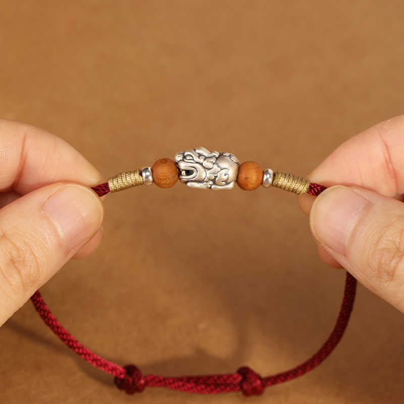 Buddha Stones 999 Sterling Silver Pixiu Charm Peach Wood Bead Handmade String Braided Luck Bracelet Anklet
