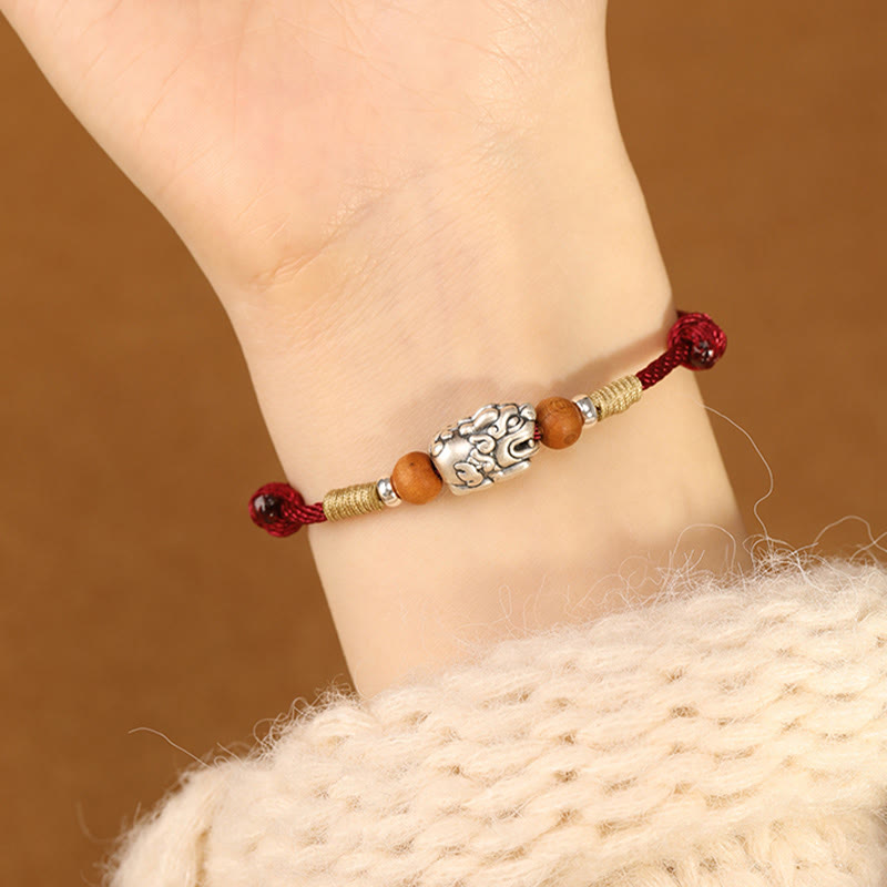 Buddha Stones 999 Sterling Silver Pixiu Charm Peach Wood Bead Handmade String Braided Luck Bracelet Anklet