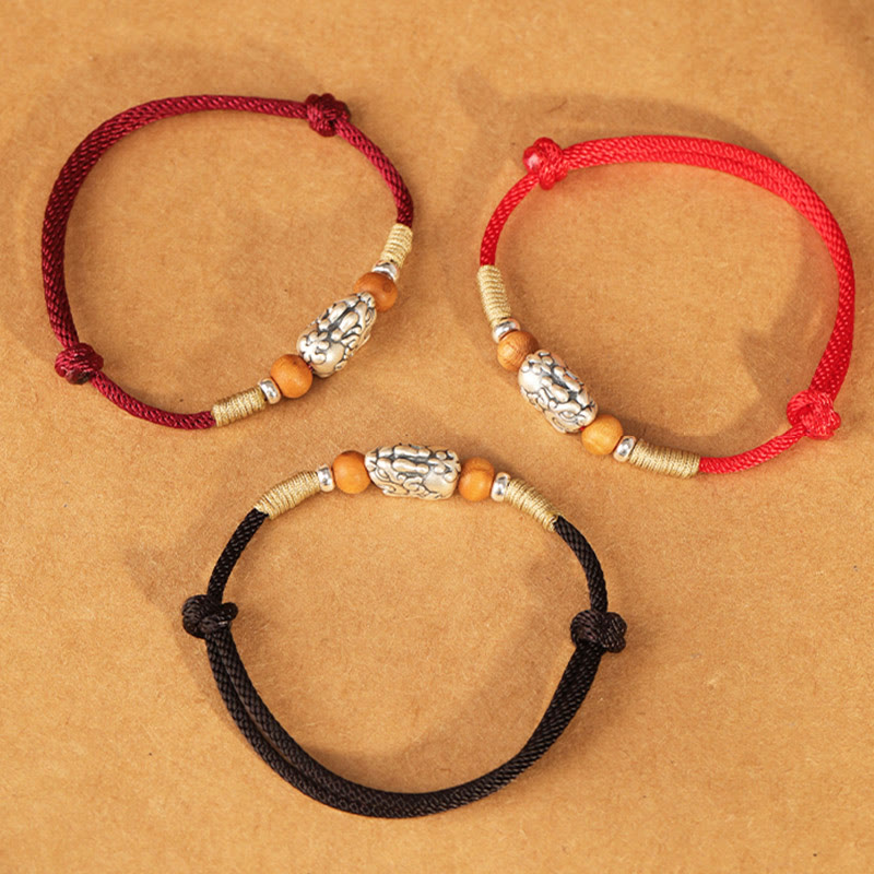 Buddha Stones 999 Sterling Silver Pixiu Charm Peach Wood Bead Handmade String Braided Luck Bracelet Anklet