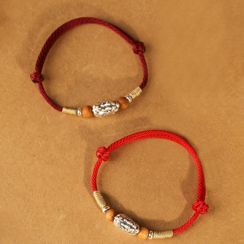Buddha Stones 999 Sterling Silver Pixiu Charm Peach Wood Bead Handmade String Braided Luck Bracelet Anklet