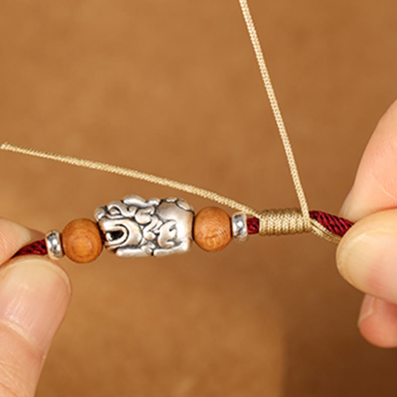 Buddha Stones 999 Sterling Silver Pixiu Charm Peach Wood Bead Handmade String Braided Luck Bracelet Anklet