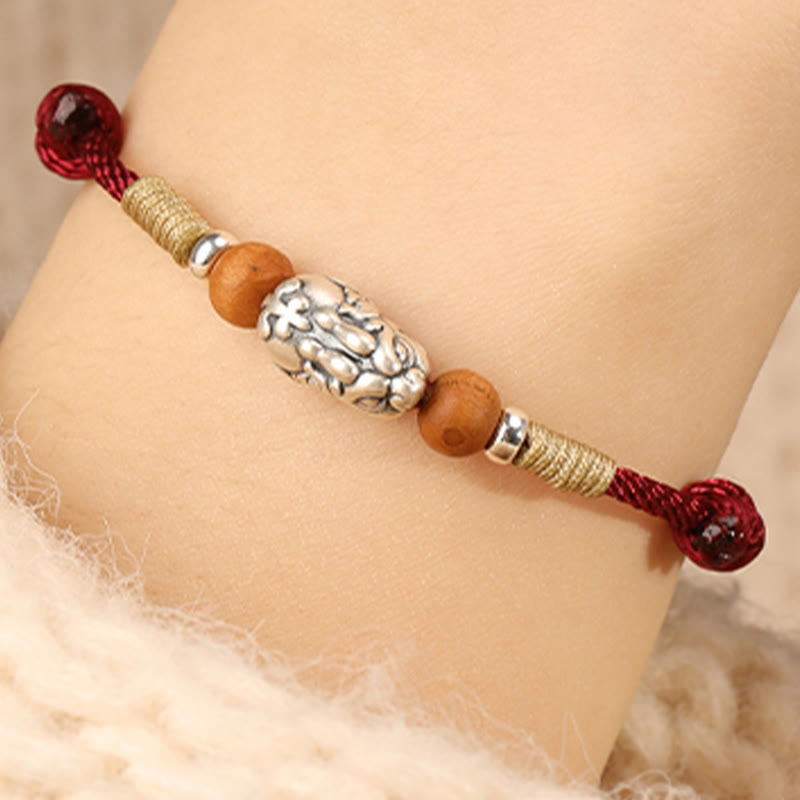 Buddha Stones 999 Sterling Silver Pixiu Charm Peach Wood Bead Handmade String Braided Luck Bracelet Anklet