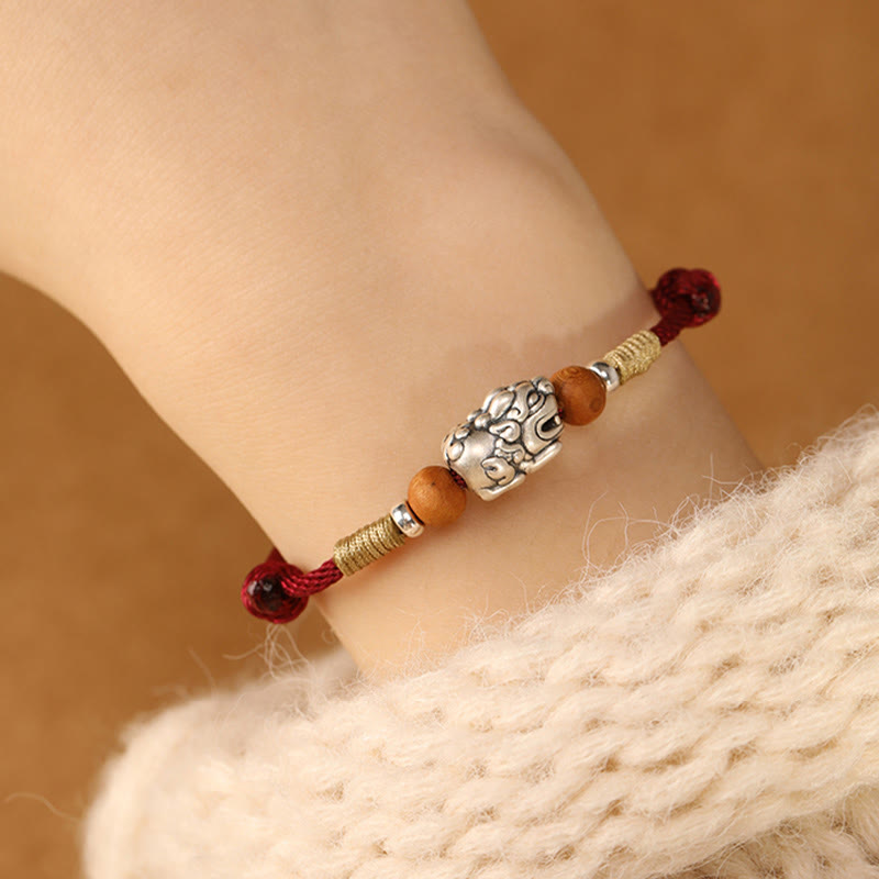Buddha Stones 999 Sterling Silver Pixiu Charm Peach Wood Bead Handmade String Braided Luck Bracelet Anklet