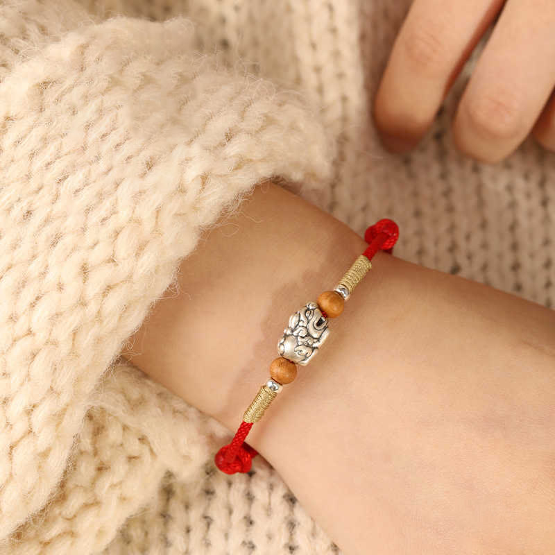 Buddha Stones 999 Sterling Silver Pixiu Charm Peach Wood Bead Handmade String Braided Luck Bracelet Anklet