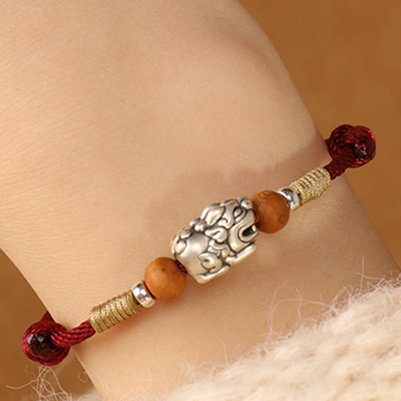 Buddha Stones 999 Sterling Silver Pixiu Charm Peach Wood Bead Handmade String Braided Luck Bracelet Anklet