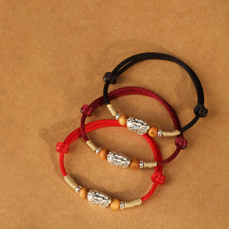 Buddha Stones 999 Sterling Silver Pixiu Charm Peach Wood Bead Handmade String Braided Luck Bracelet Anklet