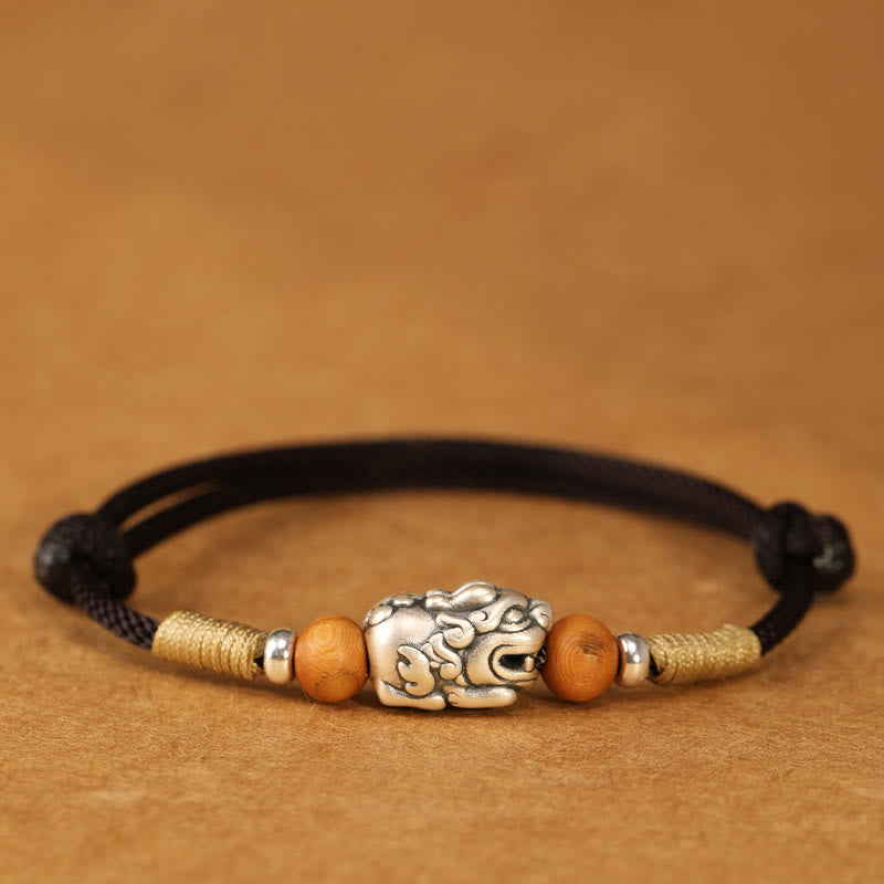 Buddha Stones 999 Sterling Silver Pixiu Charm Peach Wood Bead Handmade String Braided Luck Bracelet Anklet