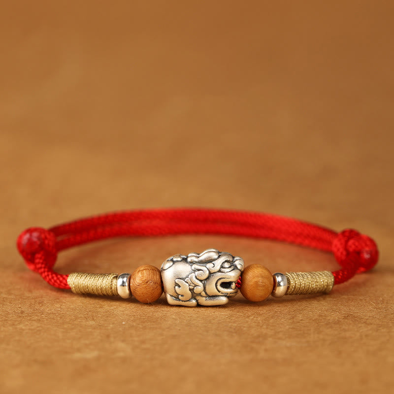 Buddha Stones 999 Sterling Silver Pixiu Charm Peach Wood Bead Handmade String Braided Luck Bracelet Anklet