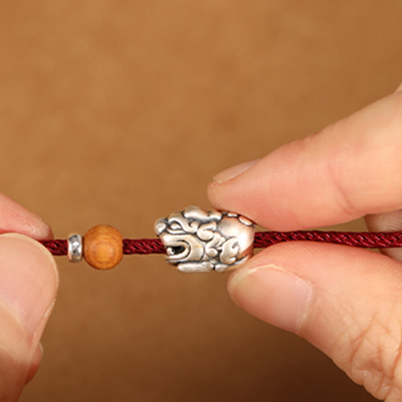 Buddha Stones 999 Sterling Silver Pixiu Charm Peach Wood Bead Handmade String Braided Luck Bracelet Anklet