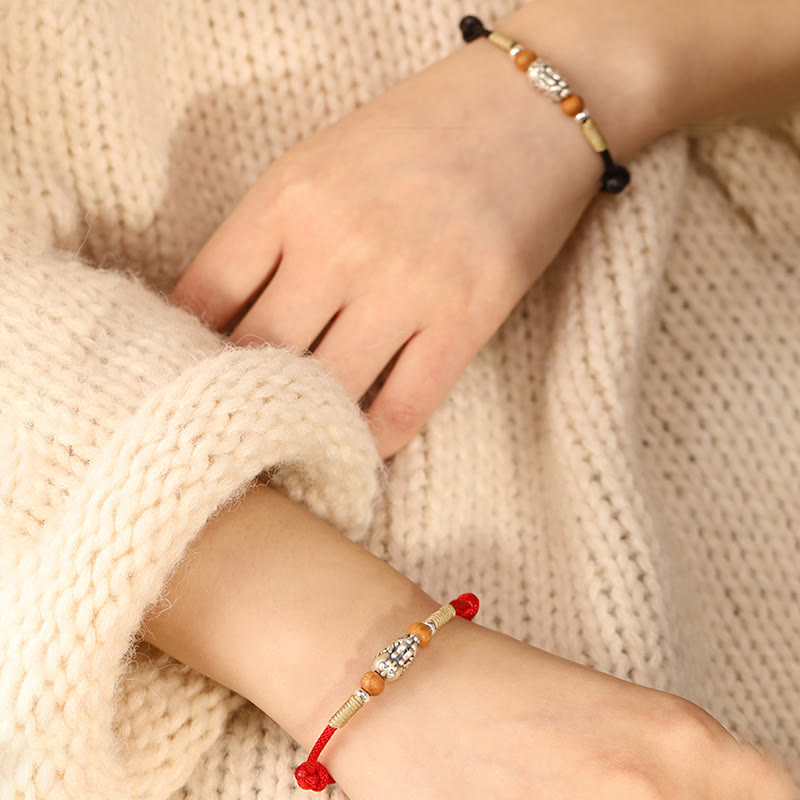 Buddha Stones 999 Sterling Silver Pixiu Charm Peach Wood Bead Handmade String Braided Luck Bracelet Anklet
