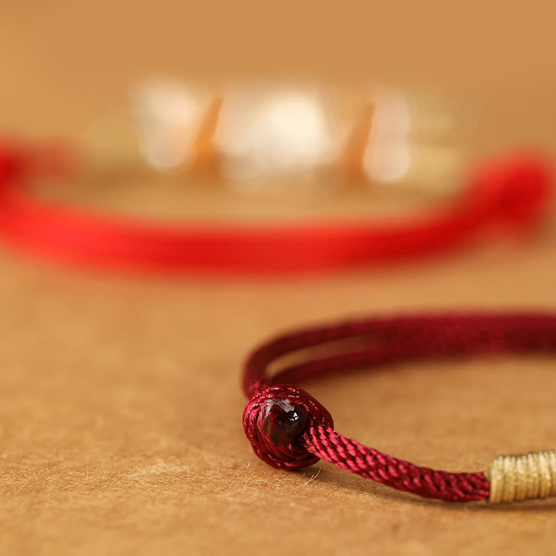 Buddha Stones 999 Sterling Silver Pixiu Charm Peach Wood Bead Handmade String Braided Luck Bracelet Anklet