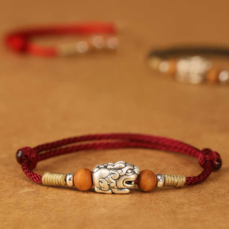 Buddha Stones 999 Sterling Silver Pixiu Charm Peach Wood Bead Handmade String Braided Luck Bracelet Anklet