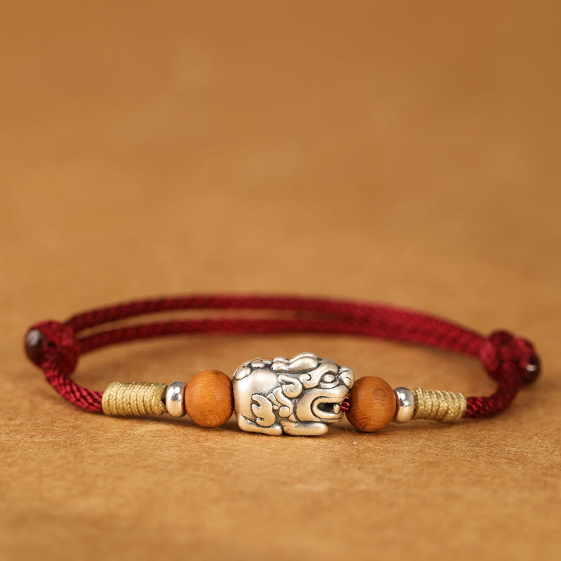 Buddha Stones 999 Sterling Silver Pixiu Charm Peach Wood Bead Handmade String Braided Luck Bracelet Anklet