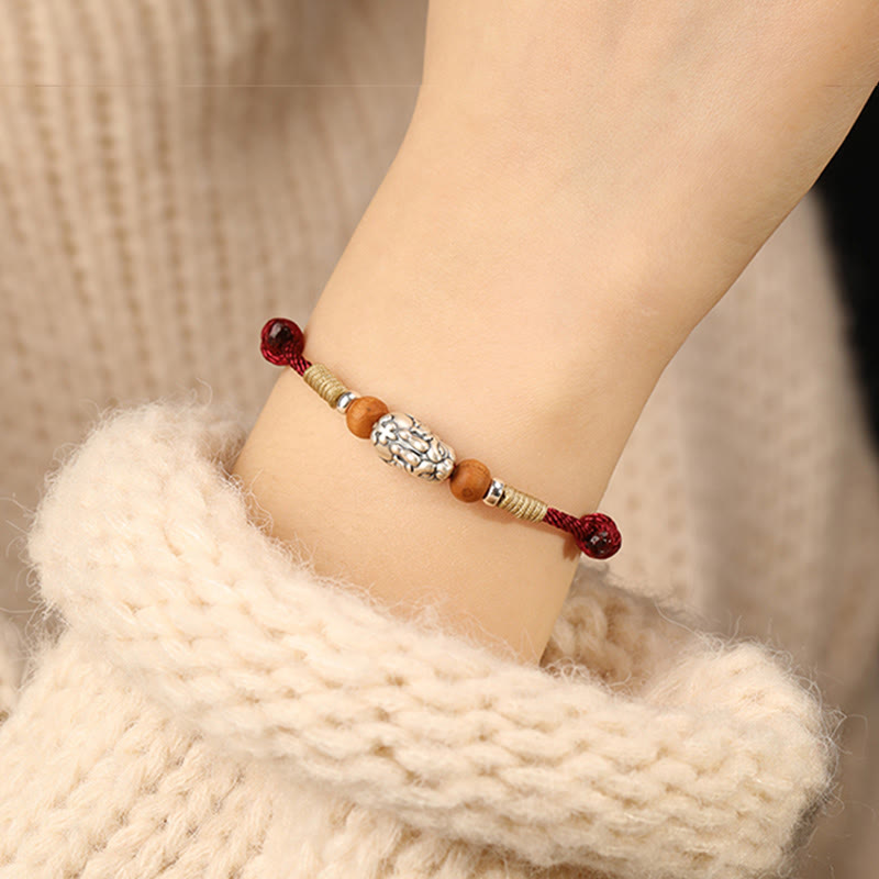 Buddha Stones 999 Sterling Silver Pixiu Charm Peach Wood Bead Handmade String Braided Luck Bracelet Anklet