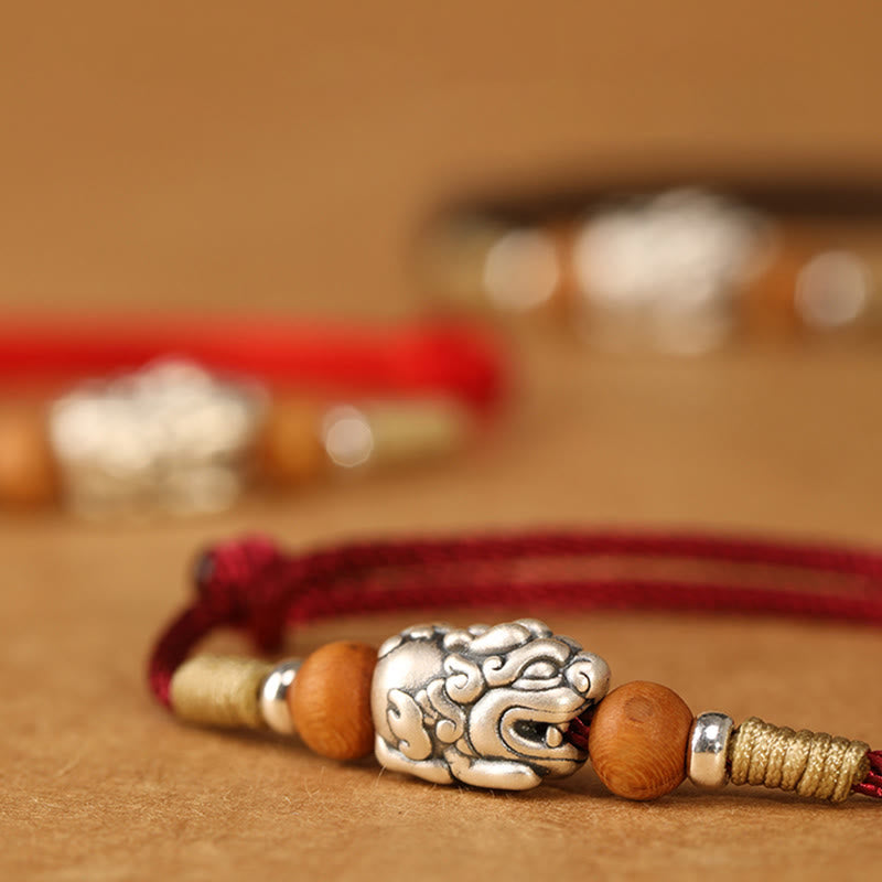 Buddha Stones 999 Sterling Silver Pixiu Charm Peach Wood Bead Handmade String Braided Luck Bracelet Anklet