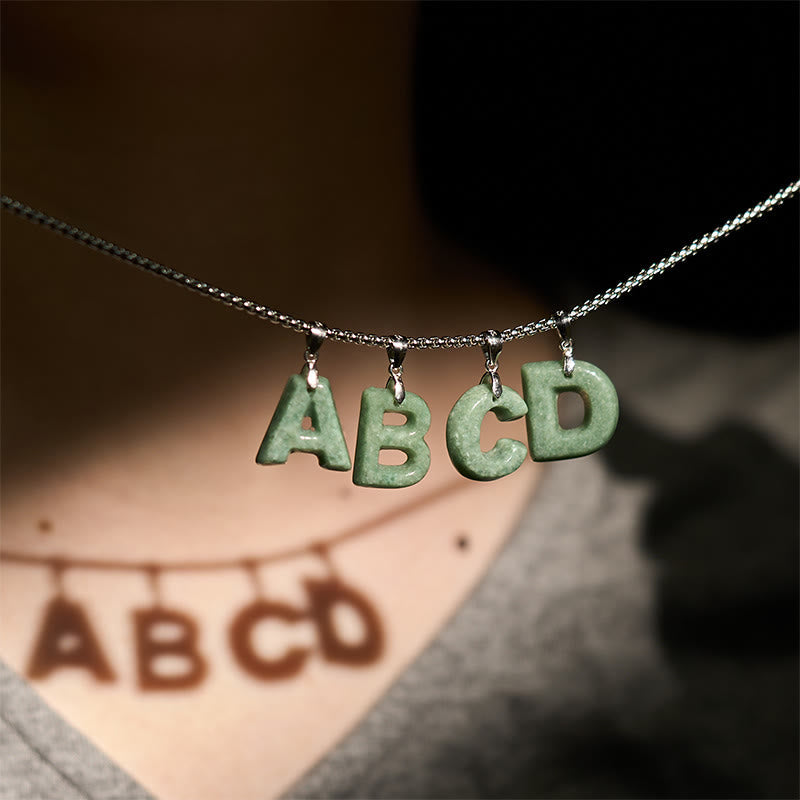 EverestArtstudios Natural A-Z Letter Jade Titanium Steel Wide Chain Prosperity Necklace Pendant