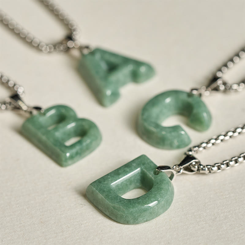 EverestArtstudios Natural A-Z Letter Jade Titanium Steel Wide Chain Prosperity Necklace Pendant