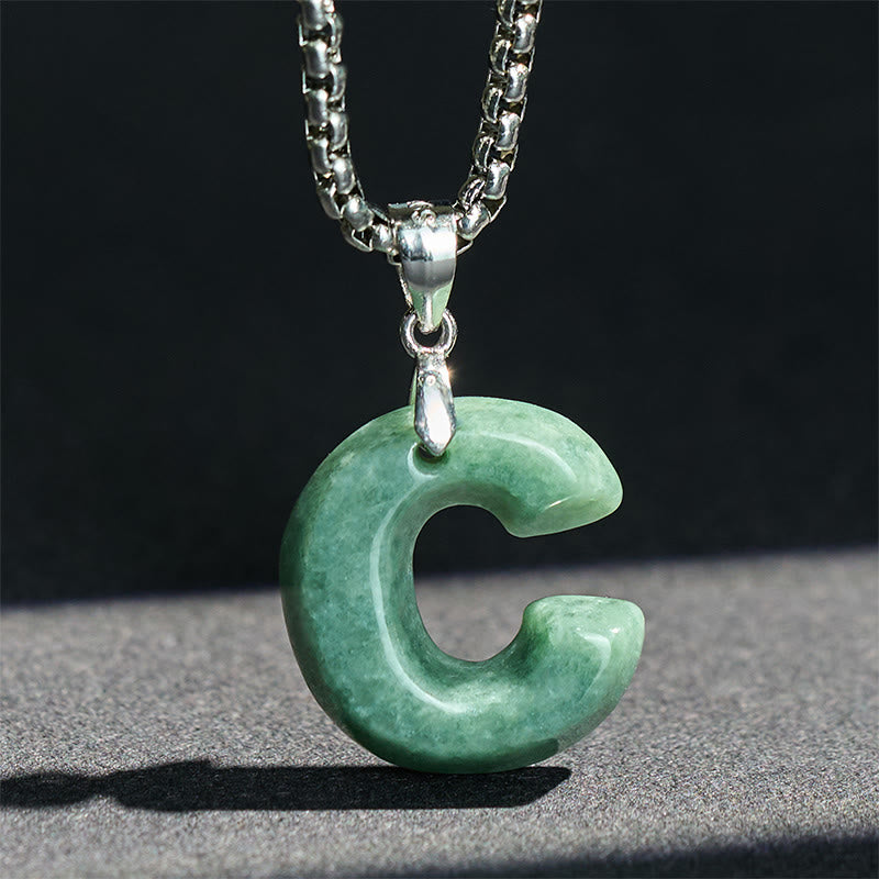 EverestArtstudios Natural A-Z Letter Jade Titanium Steel Wide Chain Prosperity Necklace Pendant