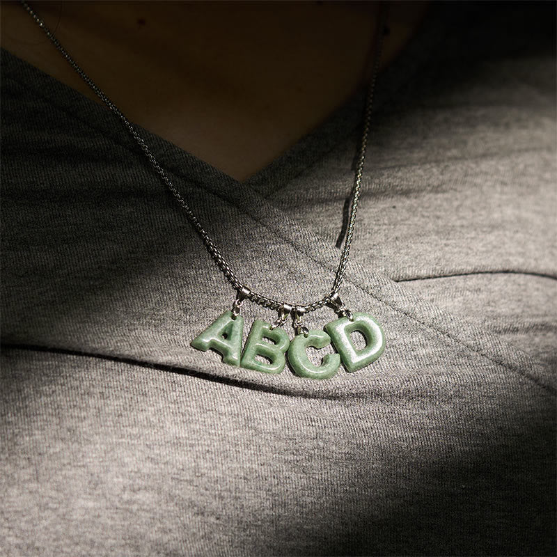 EverestArtstudios Natural A-Z Letter Jade Titanium Steel Wide Chain Prosperity Necklace Pendant