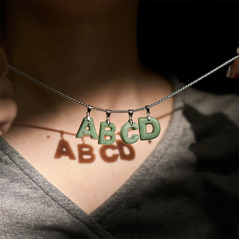 EverestArtstudios Natural A-Z Letter Jade Titanium Steel Wide Chain Prosperity Necklace Pendant