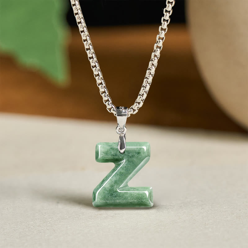 EverestArtstudios Natural A-Z Letter Jade Titanium Steel Wide Chain Prosperity Necklace Pendant