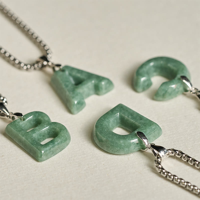 EverestArtstudios Natural A-Z Letter Jade Titanium Steel Wide Chain Prosperity Necklace Pendant