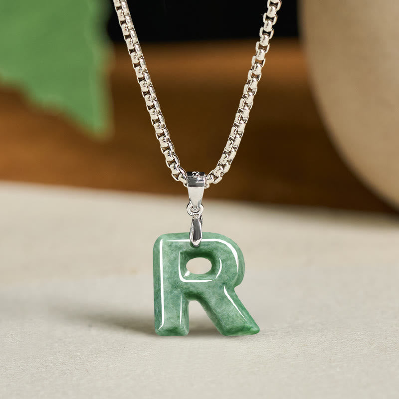 EverestArtstudios Natural A-Z Letter Jade Titanium Steel Wide Chain Prosperity Necklace Pendant
