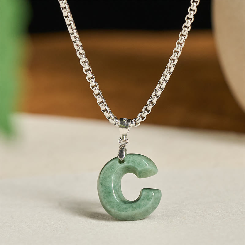EverestArtstudios Natural A-Z Letter Jade Titanium Steel Wide Chain Prosperity Necklace Pendant