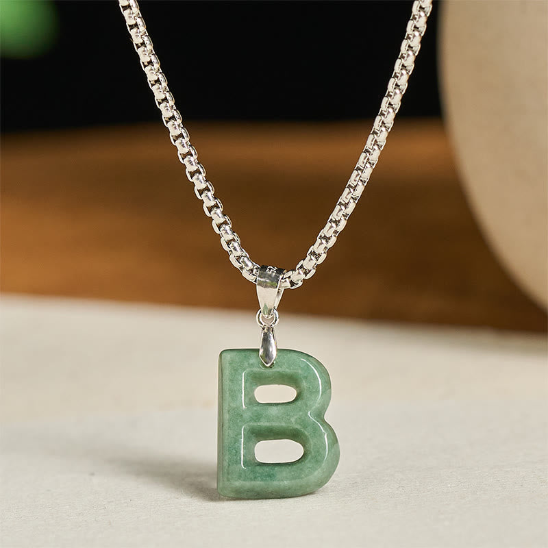 EverestArtstudios Natural A-Z Letter Jade Titanium Steel Wide Chain Prosperity Necklace Pendant