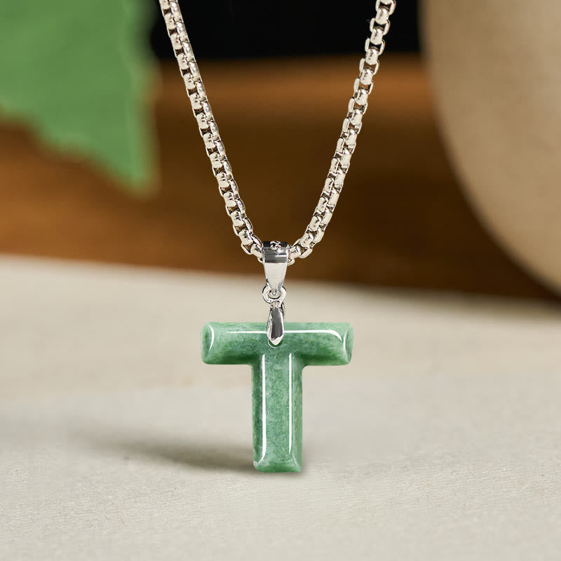 EverestArtstudios Natural A-Z Letter Jade Titanium Steel Wide Chain Prosperity Necklace Pendant