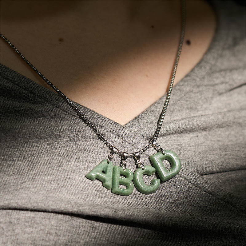 EverestArtstudios Natural A-Z Letter Jade Titanium Steel Wide Chain Prosperity Necklace Pendant