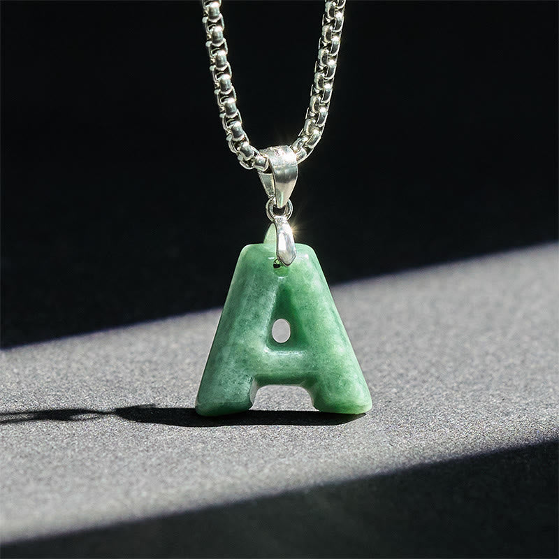 EverestArtstudios Natural A-Z Letter Jade Titanium Steel Wide Chain Prosperity Necklace Pendant