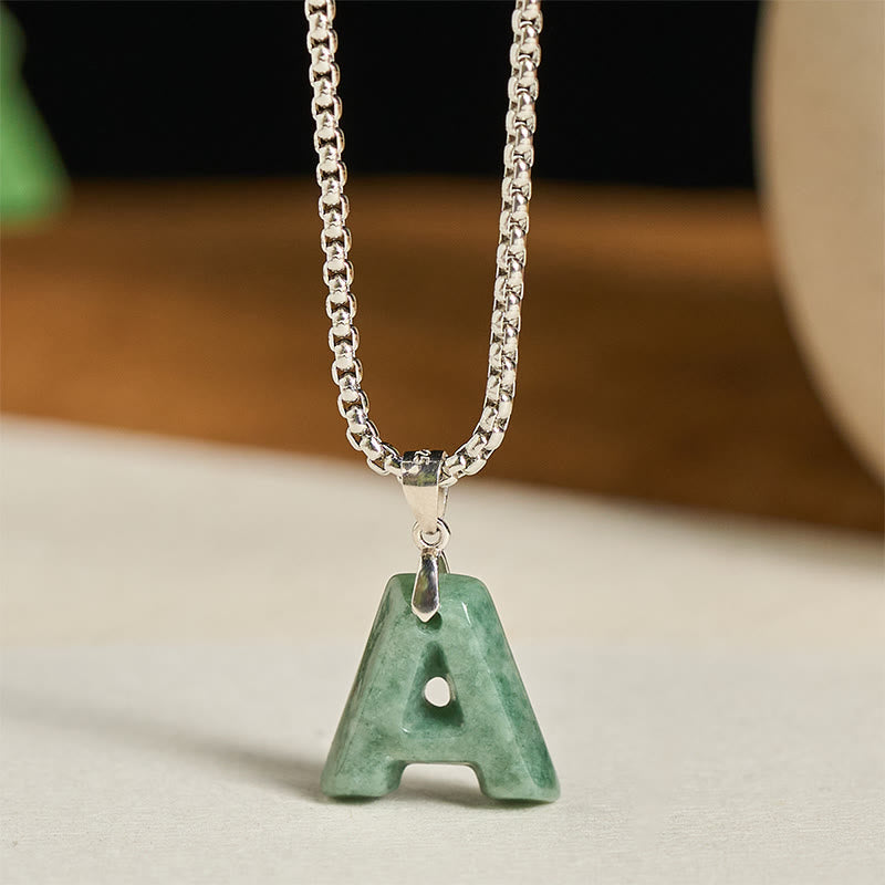 EverestArtstudios Natural A-Z Letter Jade Titanium Steel Wide Chain Prosperity Necklace Pendant