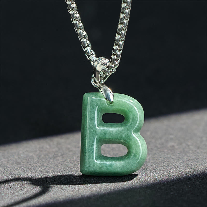 EverestArtstudios Natural A-Z Letter Jade Titanium Steel Wide Chain Prosperity Necklace Pendant