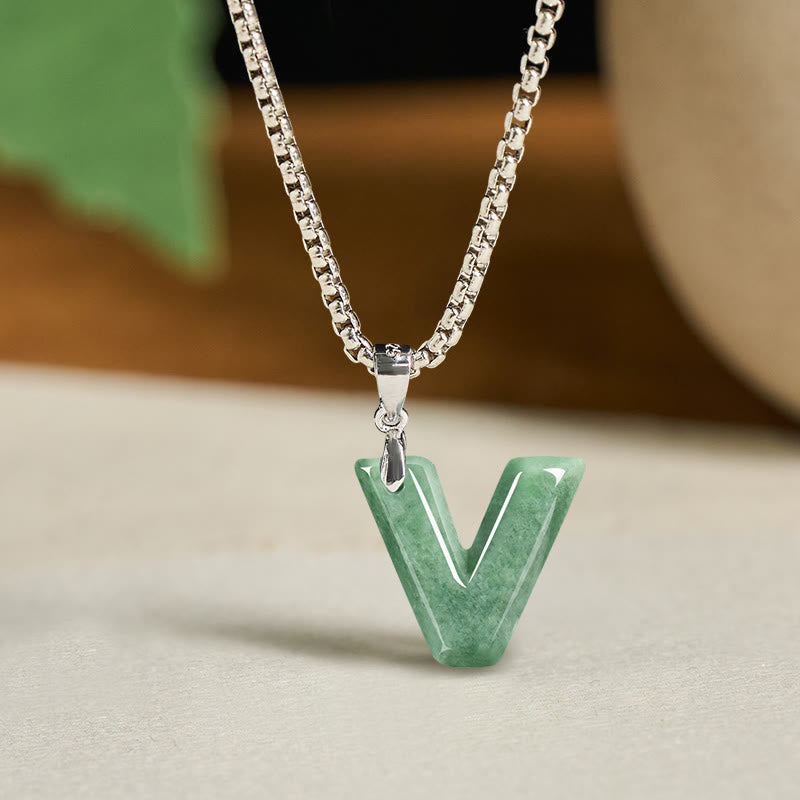 EverestArtstudios Natural A-Z Letter Jade Titanium Steel Wide Chain Prosperity Necklace Pendant