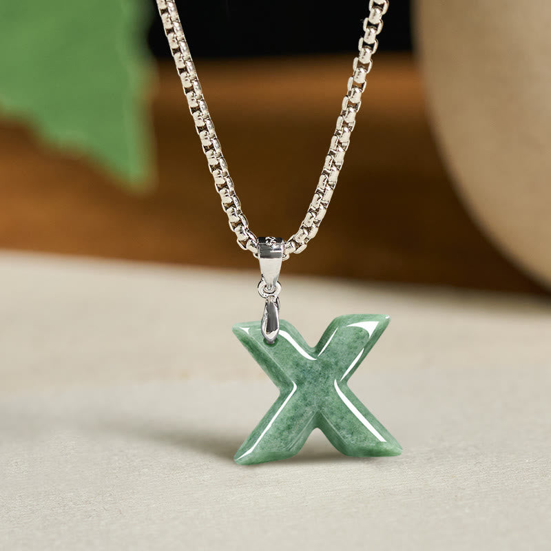 EverestArtstudios Natural A-Z Letter Jade Titanium Steel Wide Chain Prosperity Necklace Pendant