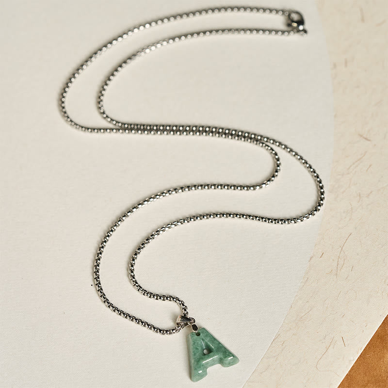 EverestArtstudios Natural A-Z Letter Jade Titanium Steel Wide Chain Prosperity Necklace Pendant