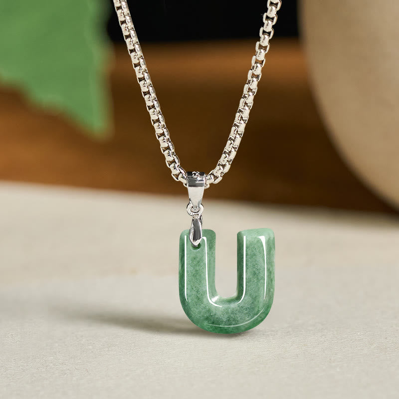 EverestArtstudios Natural A-Z Letter Jade Titanium Steel Wide Chain Prosperity Necklace Pendant