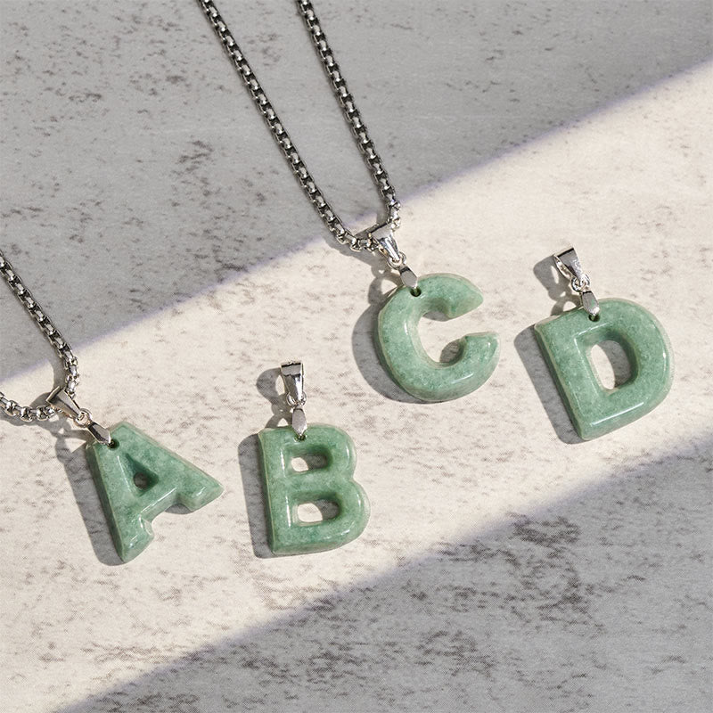 EverestArtstudios Natural A-Z Letter Jade Titanium Steel Wide Chain Prosperity Necklace Pendant