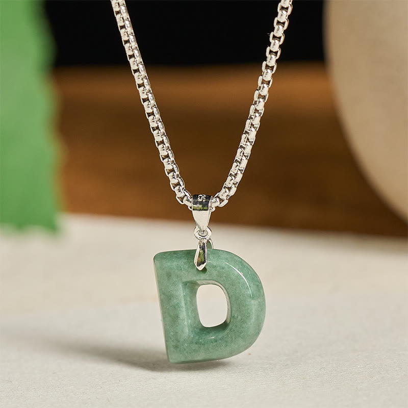 EverestArtstudios Natural A-Z Letter Jade Titanium Steel Wide Chain Prosperity Necklace Pendant