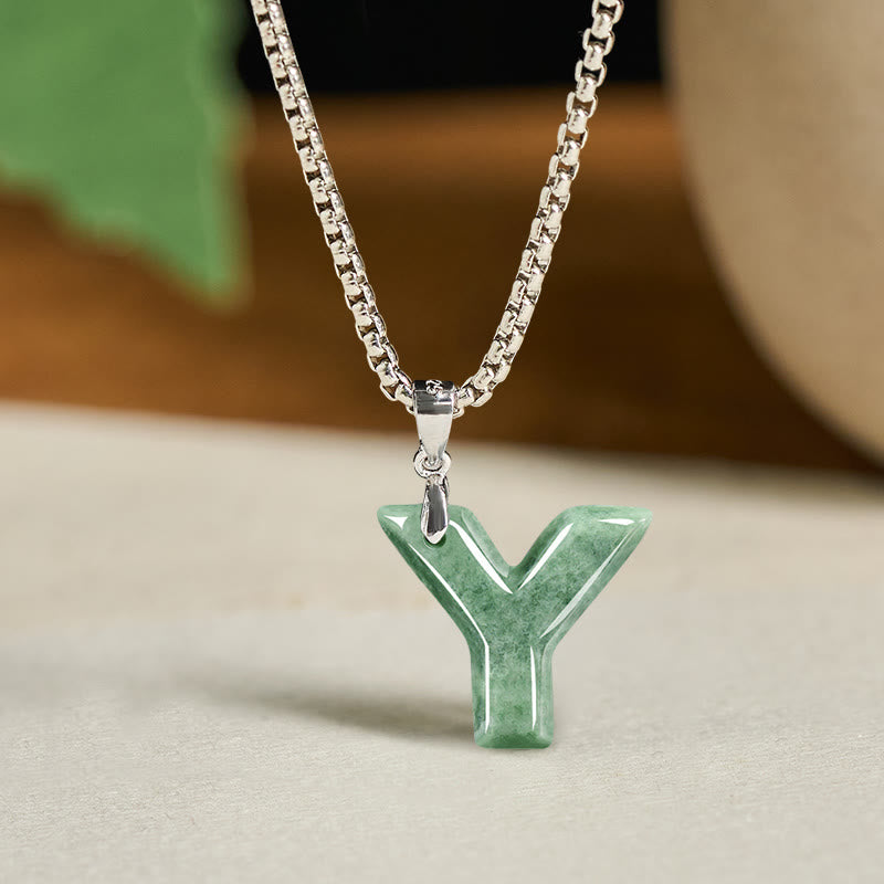 EverestArtstudios Natural A-Z Letter Jade Titanium Steel Wide Chain Prosperity Necklace Pendant