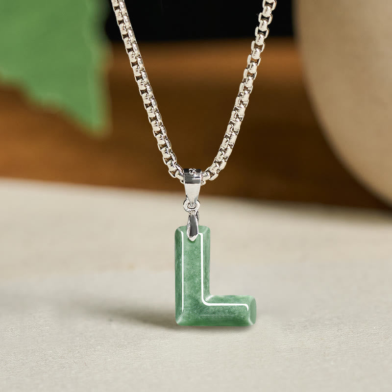 EverestArtstudios Natural A-Z Letter Jade Titanium Steel Wide Chain Prosperity Necklace Pendant