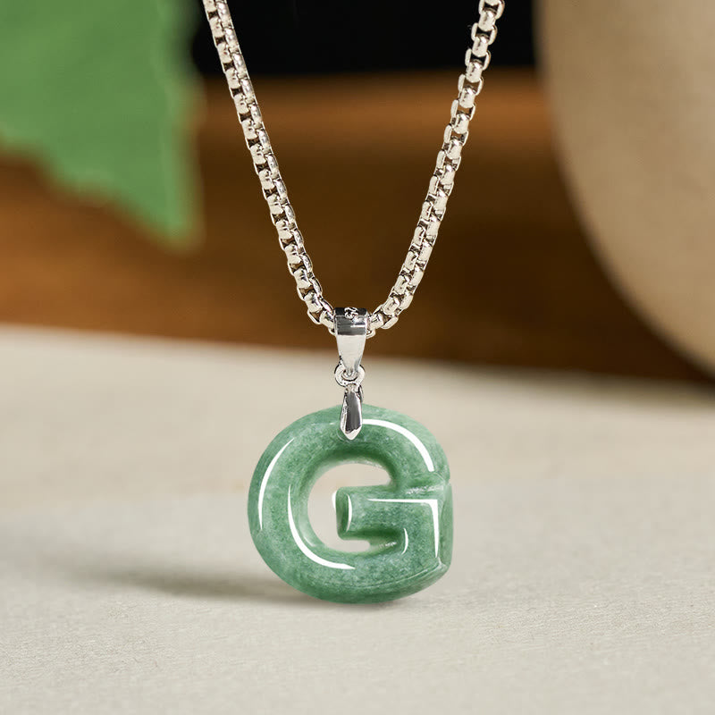 EverestArtstudios Natural A-Z Letter Jade Titanium Steel Wide Chain Prosperity Necklace Pendant